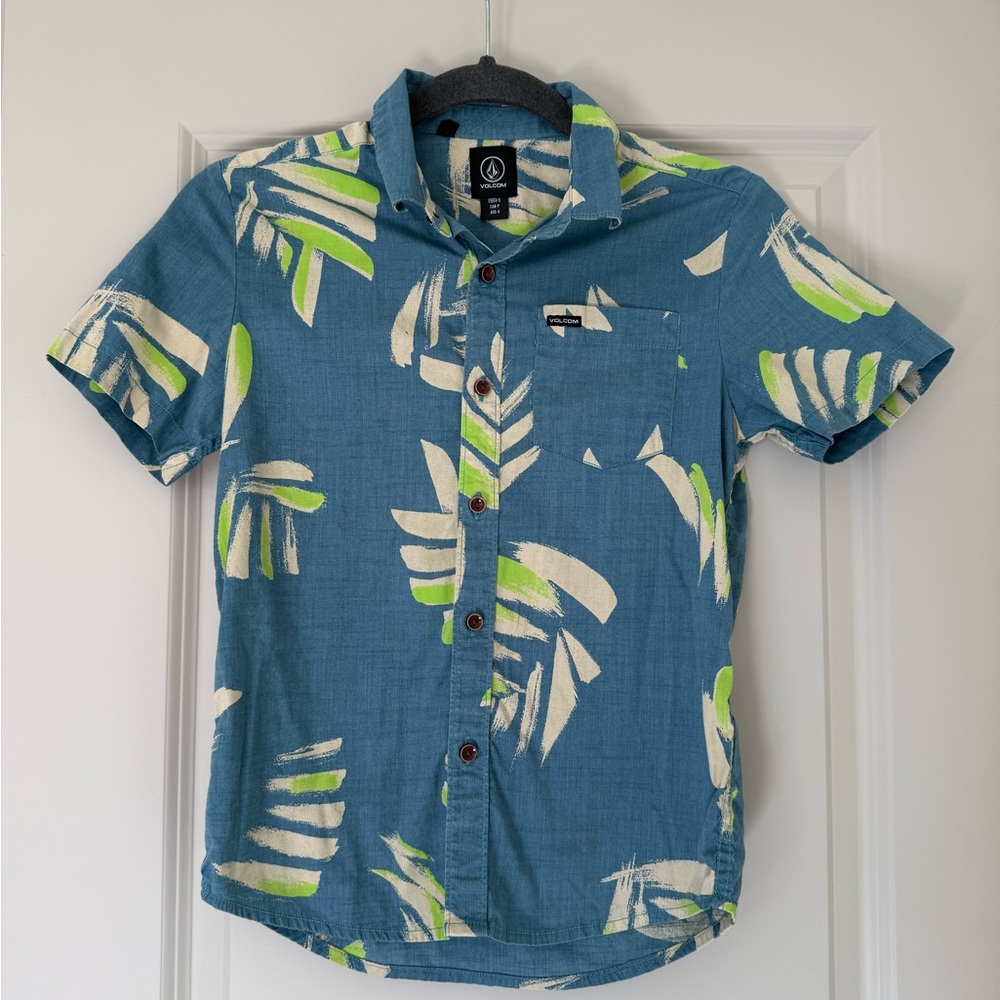 Boys Volcom Tropical Blue and Lime Shirt | Size Small